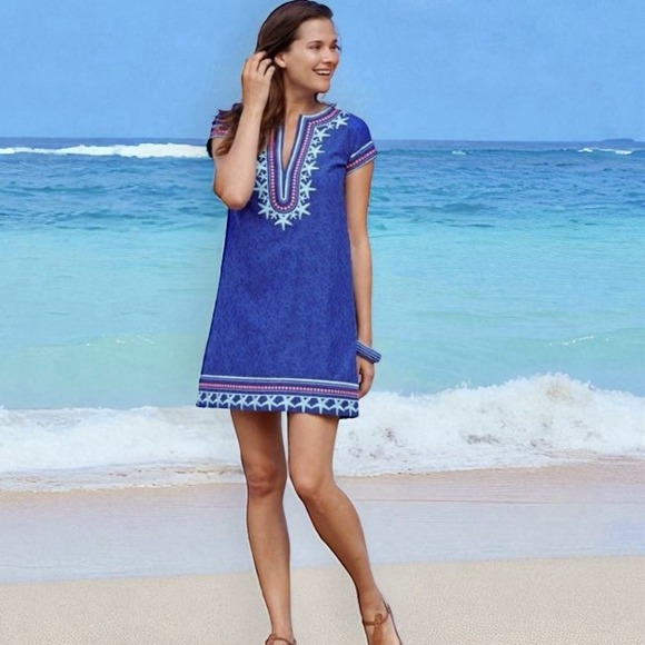Vineyard Vines Starfish Shift Dress Blue Sz 4 Dot Cotton Silk Pink Turquoise - Picture 1 of 11